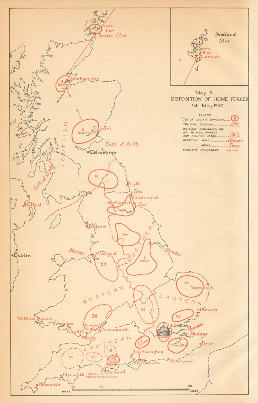 UK Home Forces disposition 1st May 1940. World War 2. Operation Sealion 1957 map